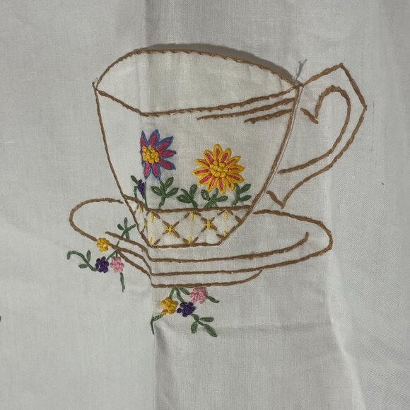 Full White Apron with Blue Gingham Edge and Tea Cup Embroidered Pockets - Picture 7 of 8